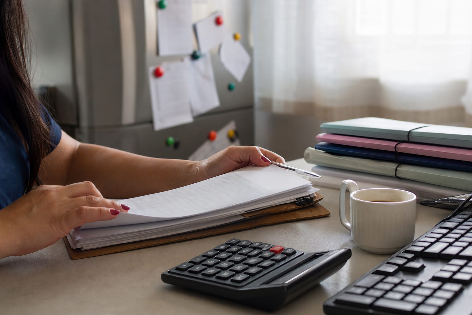 Mãos conferem folhas presas numa prancheta ao lado de teclado e calculadora numa mesa de escritório