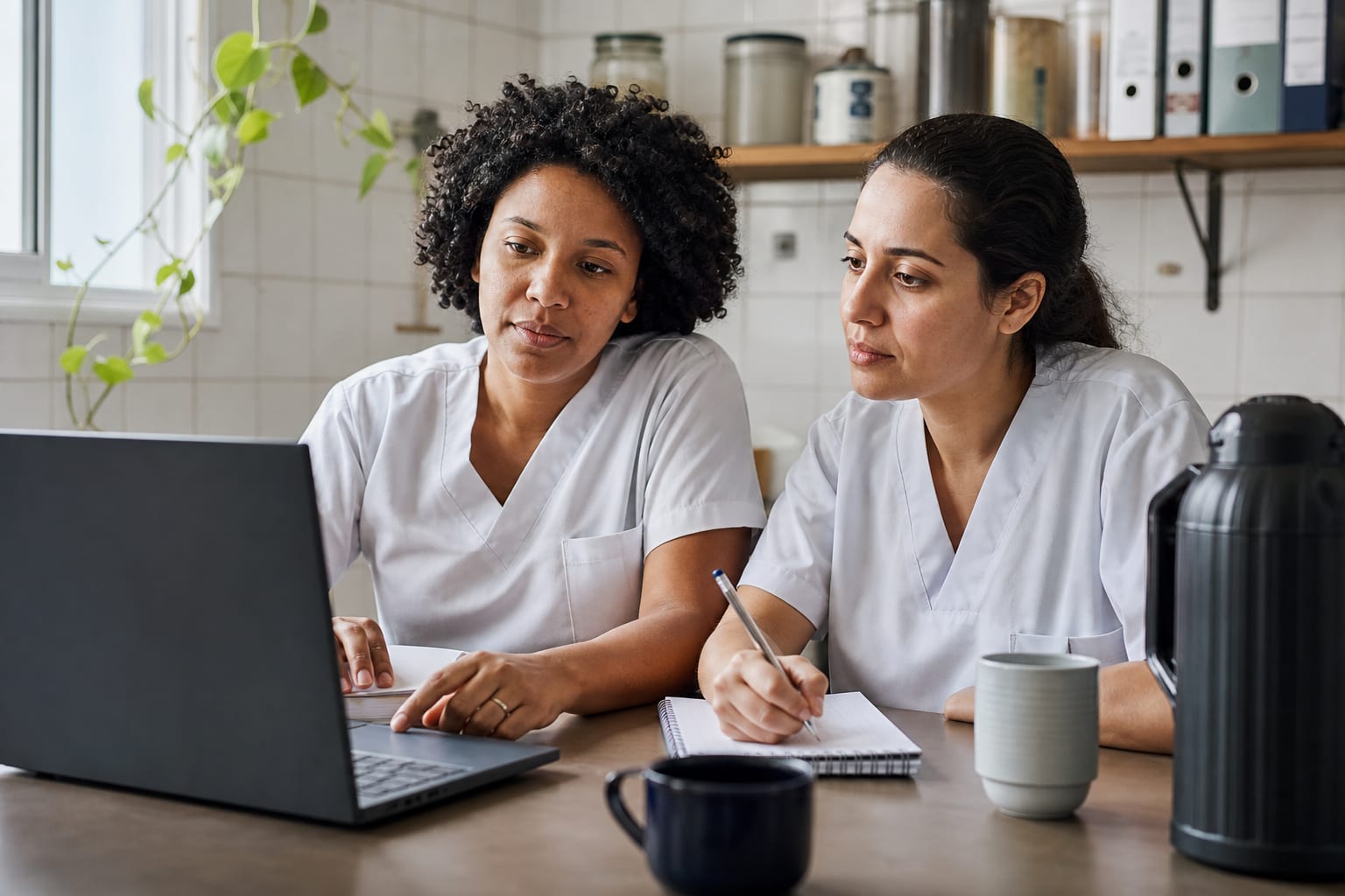 Duas profissionais de home care acompanham a demonstração de um sistema no notebook e anotam num caderno